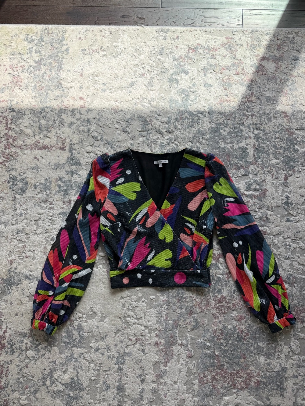 OLIVIA RUBIN Black Long-Sleeve Wrap Top with Neon Abstract Print